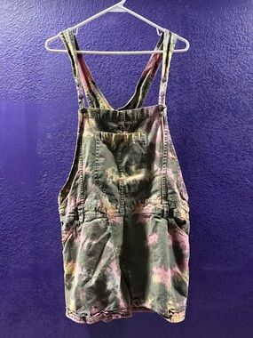 Tie-Dye Utility Short Overalls - Olive Green with Pink Accents